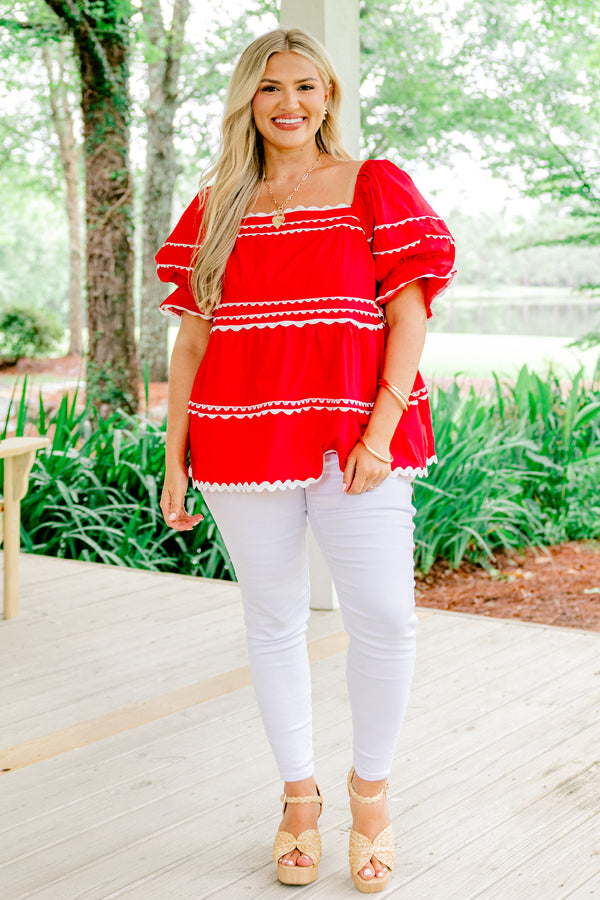 Chic Soul plus size clothing, red short sleeve top with square neckline and puff sleeves with white trim detail and design