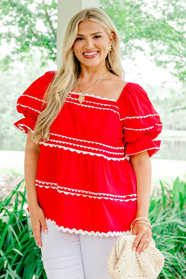Chic Soul plus size clothing, red short sleeve top with square neckline and puff sleeves with white trim detail and design