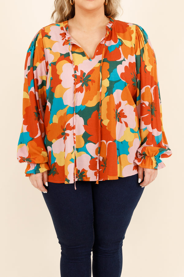 Chic Soul plus size clothing, multicolor floral pattern flowy blouse with bubble sleeves