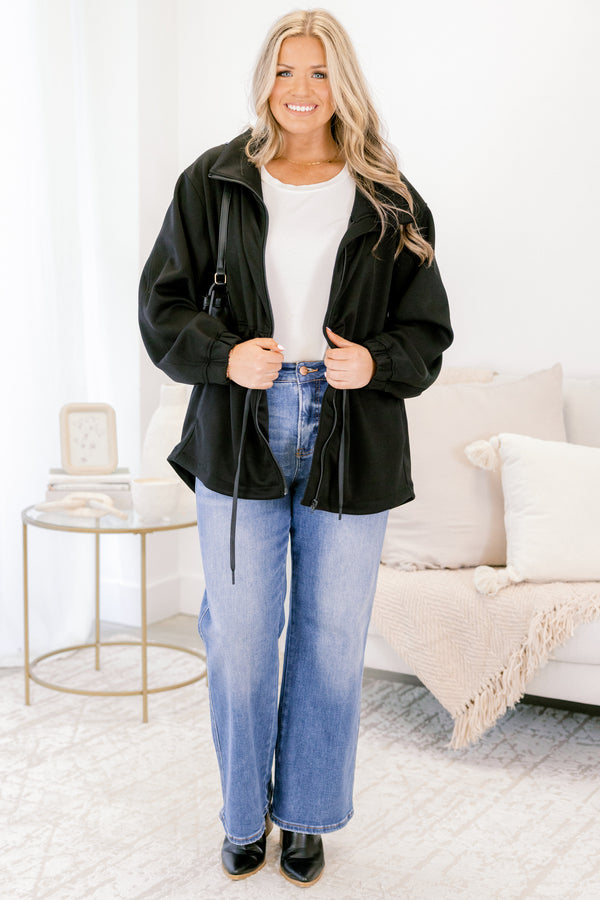 Chic Soul plus size clothing, black zip up long sleeve jacket with waist tie and large collar
