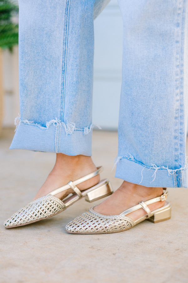 Chic Soul plus size clothing, closed-toe gold sling-back flats with a subtle heel and a basket woven gold toe 