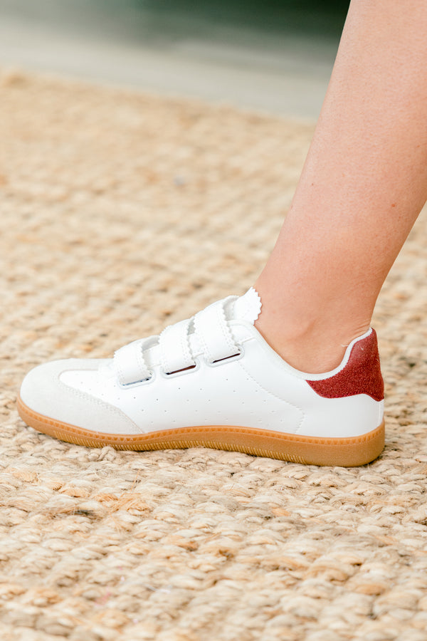 Chic Soul plus size clothing, white velcro strap sneakers with burgundy heel tab