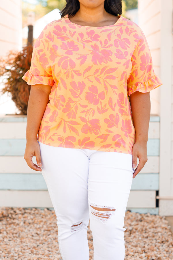 Chic Soul plus size clothing, apricot floral short sleeve top with ruffle detail on sleeves