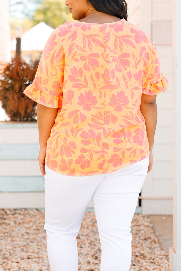 Chic Soul plus size clothing, apricot floral short sleeve top with ruffle detail on sleeves