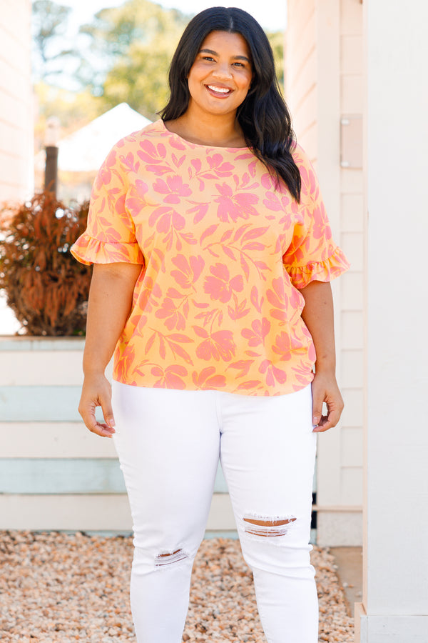 Chic Soul plus size clothing, apricot floral short sleeve top with ruffle detail on sleeves