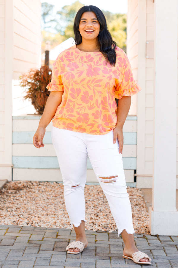 Chic Soul plus size clothing, apricot floral short sleeve top with ruffle detail on sleeves