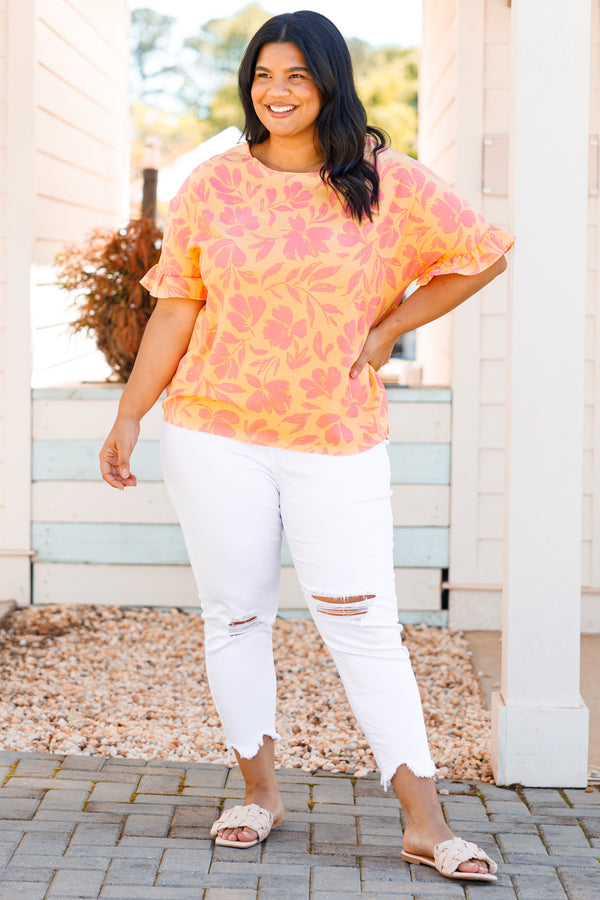 Chic Soul plus size clothing, apricot floral short sleeve top with ruffle detail on sleeves