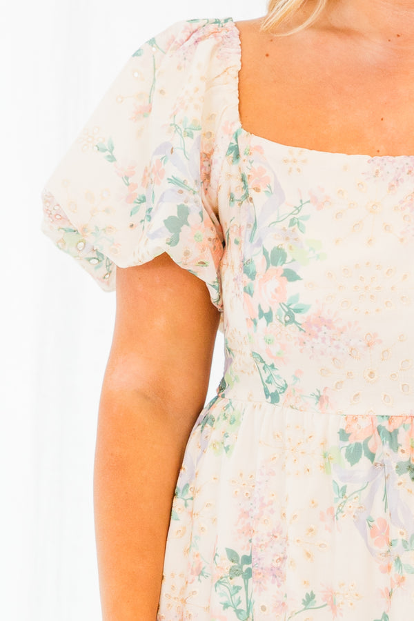 Chic Soul plus size clothing, short sleeve cream multi maxi dress with puffed sleeves and ruffled floral details 