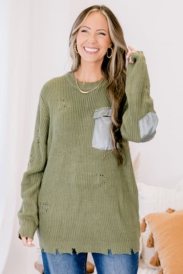 Chic Soul plus size clothing, olive green distressed sweater with light blue elbow patches and front pocket