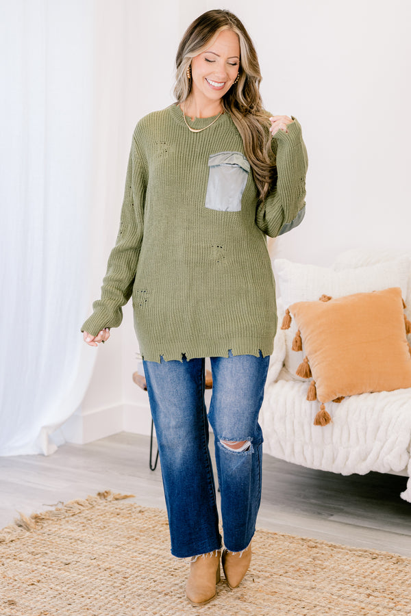Chic Soul plus size clothing, olive green distressed sweater with light blue elbow patches and front pocket