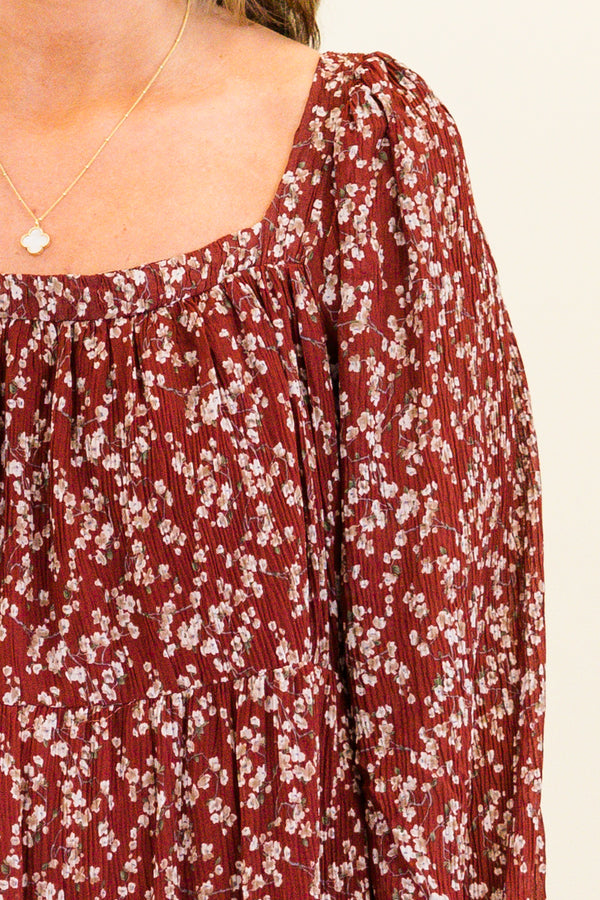 Chic Soul plus size clothing, long-sleeve burgundy ruffled flowy dress with a subtle scoop-neckline and a small white and tan floral pattern