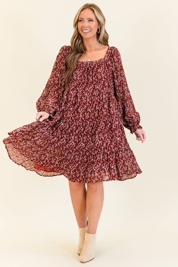 Chic Soul plus size clothing, long-sleeve burgundy ruffled flowy dress with a subtle scoop-neckline and a small white and tan floral pattern