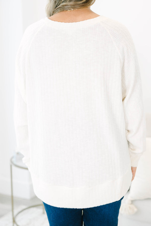 Chic Soul plus size clothing, ivory long sleeve ribbed top with round neckline and cuffed sleeves