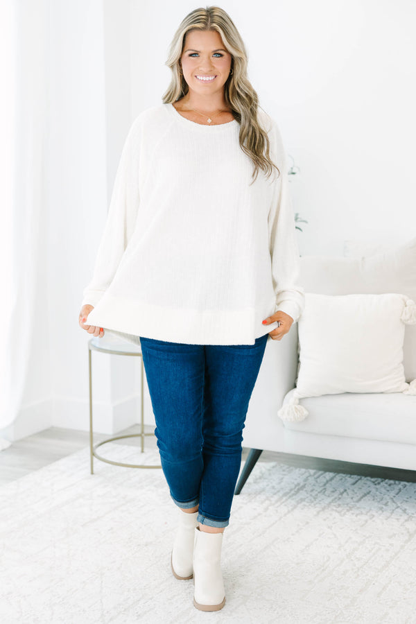 Chic Soul plus size clothing, ivory long sleeve ribbed top with round neckline and cuffed sleeves