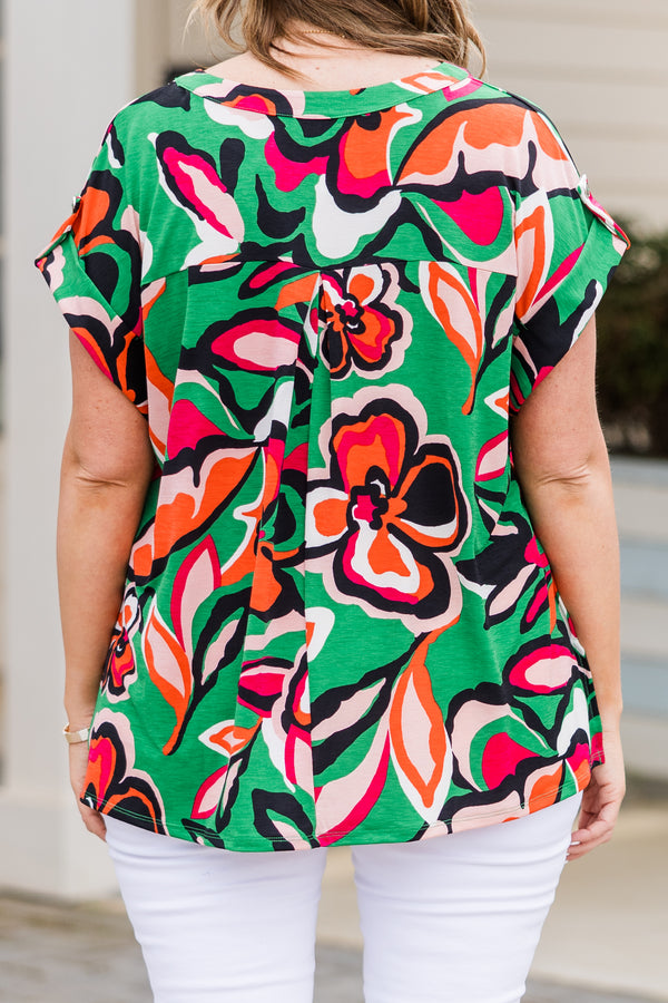 Chic Soul plus size clothing, green top with multicolor big floral pattern and a v neck