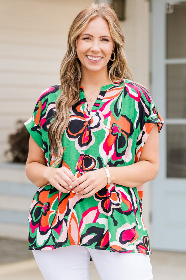 Chic Soul plus size clothing, green top with multicolor big floral pattern and a v neck