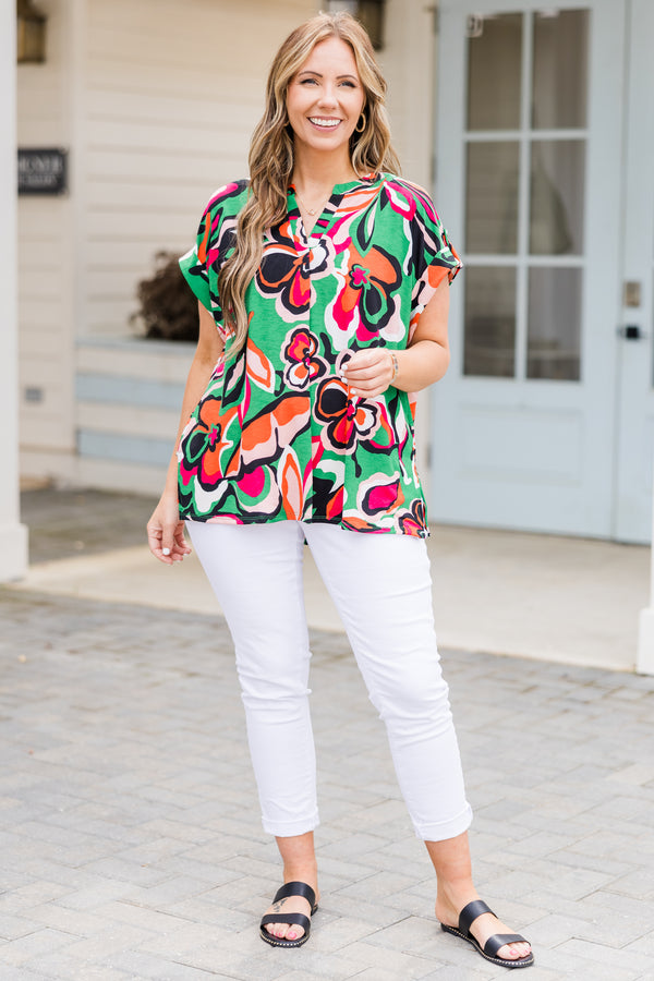 Chic Soul plus size clothing, green top with multicolor big floral pattern and a v neck
