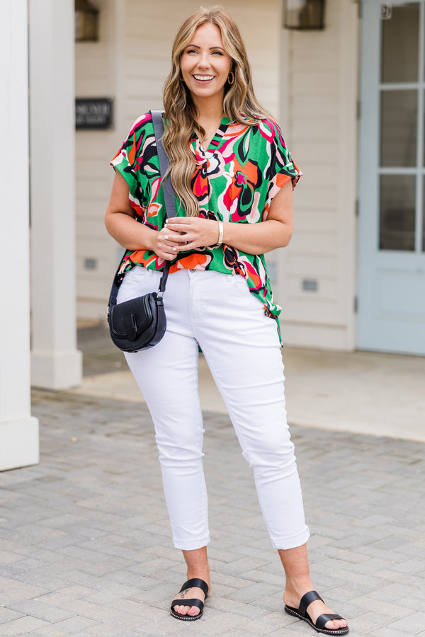 Chic Soul plus size clothing, green top with multicolor big floral pattern and a v neck