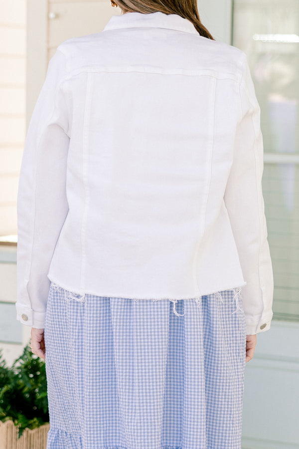 Chic Soul plus size clothing, white denim button up long sleeve jacket with collar detail with silver hardware