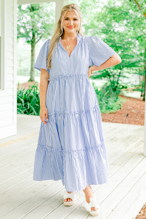 Chic Soul plus size clothing, light indigo and white vertically striped short sleeve ruffle collar shallow v-neck tiered midi dress