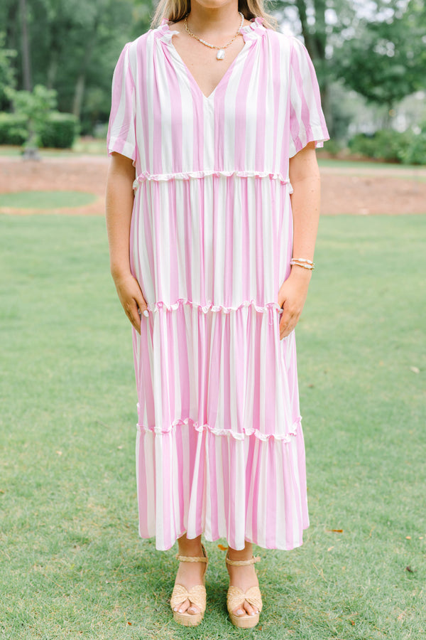 Plus Size bubblegum pink and white vertical striped tiered maxi dress with short sleeves.