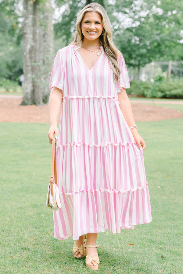 Plus Size bubblegum pink and white vertical striped tiered maxi dress with short sleeves.