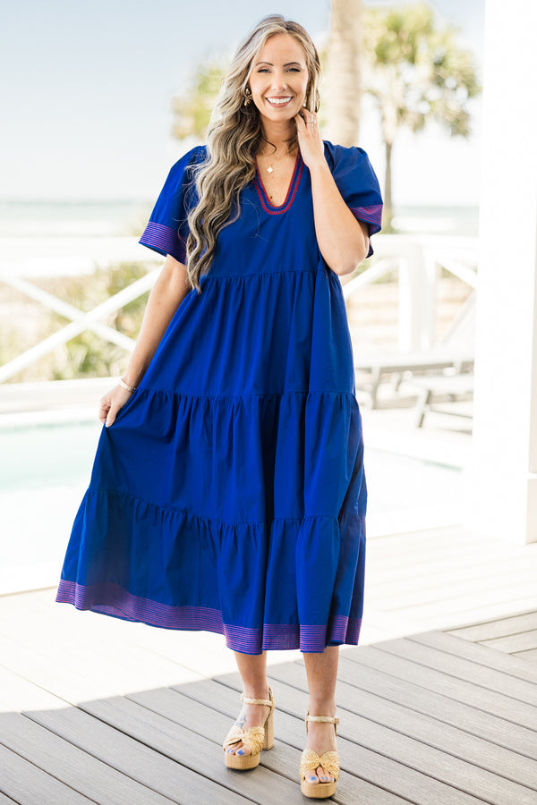  Chic soul plus size clothing, navy tiered midi dress with pink stitching on the bottom of the dress, sleeves, and the v-neck 
