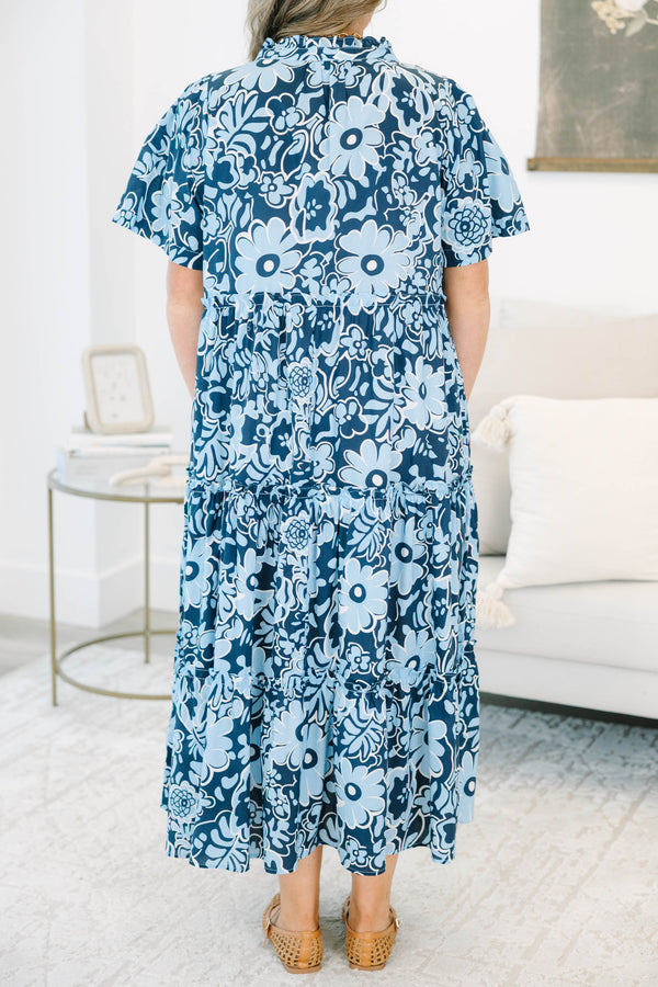 Plus size Oxford Blue Floral Straight Shot Dress with a flowy tiered skirt and ruffle sleeves.