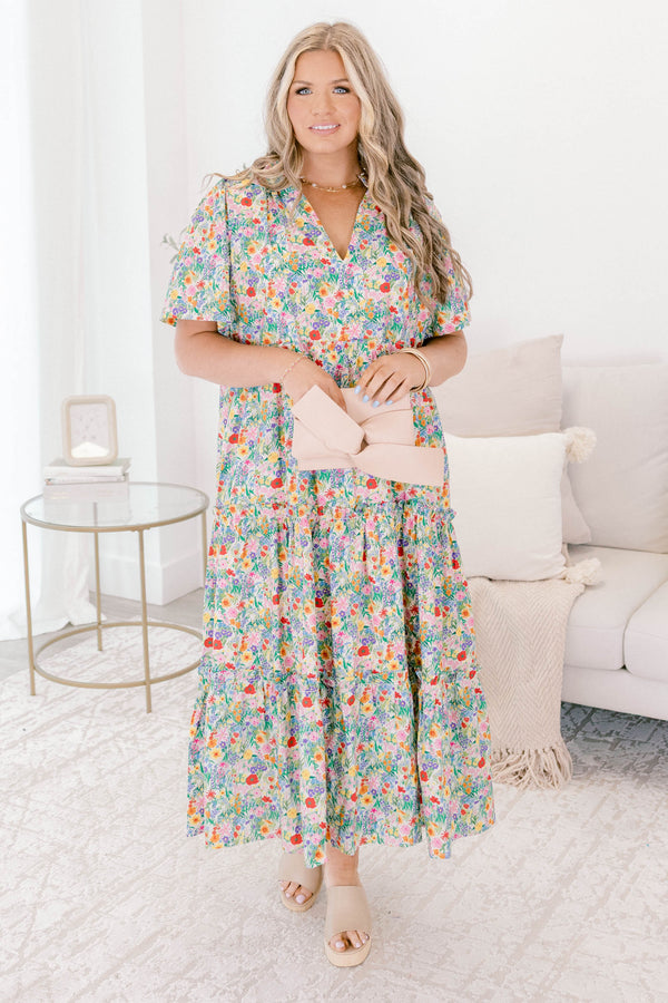 Chic Soul plus size clothing, multi colored floral print short sleeve tiered maxi dress with v-neckline 
