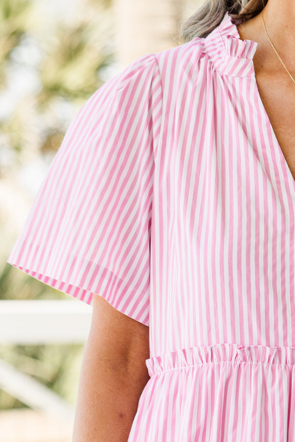 Chic Soul plus size clothing, pink and white thin stripe short sleeve midi dress