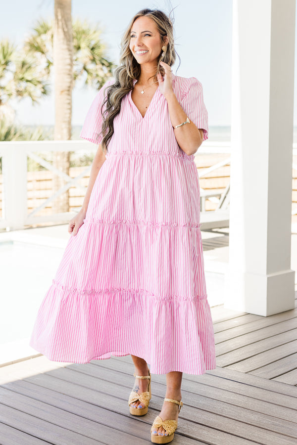 Chic Soul plus size clothing, pink and white thin stripe short sleeve midi dress