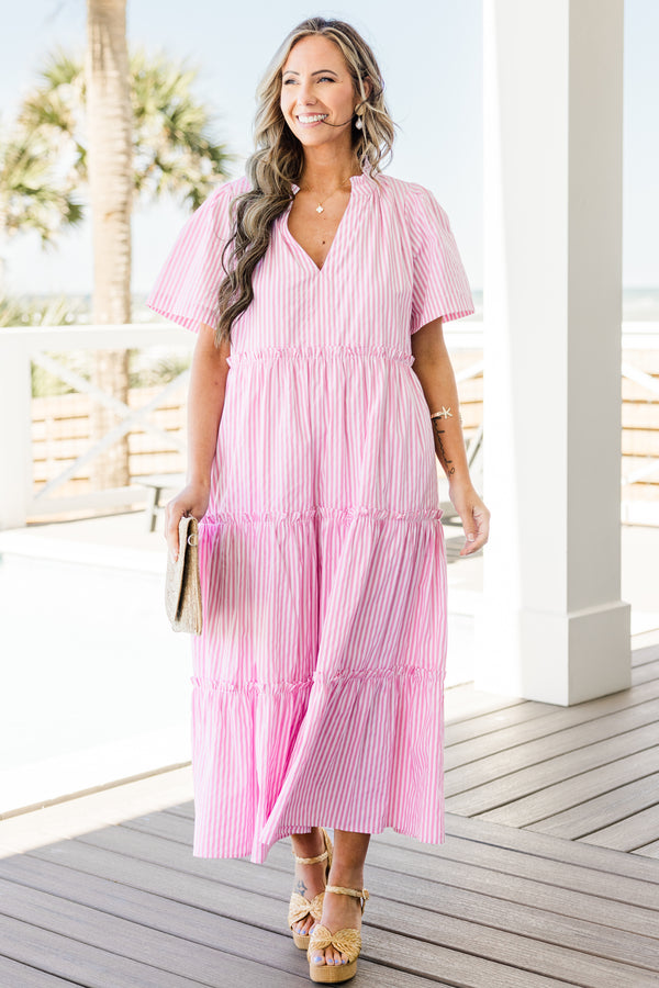 Chic Soul plus size clothing, pink and white thin stripe short sleeve midi dress