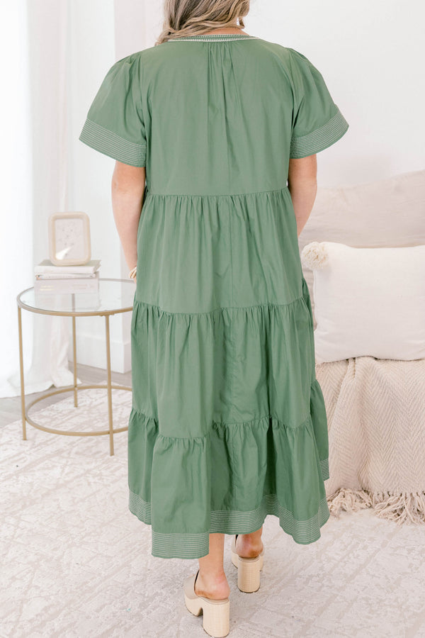 Chic Soul plus size clothing, muted sage green short sleeve v neck tiered maxi dress with white stitching detailing on the neckline
