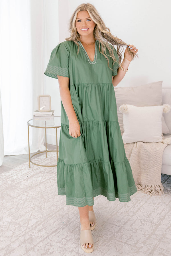 Chic Soul plus size clothing, muted sage green short sleeve v neck tiered maxi dress with white stitching detailing on the neckline