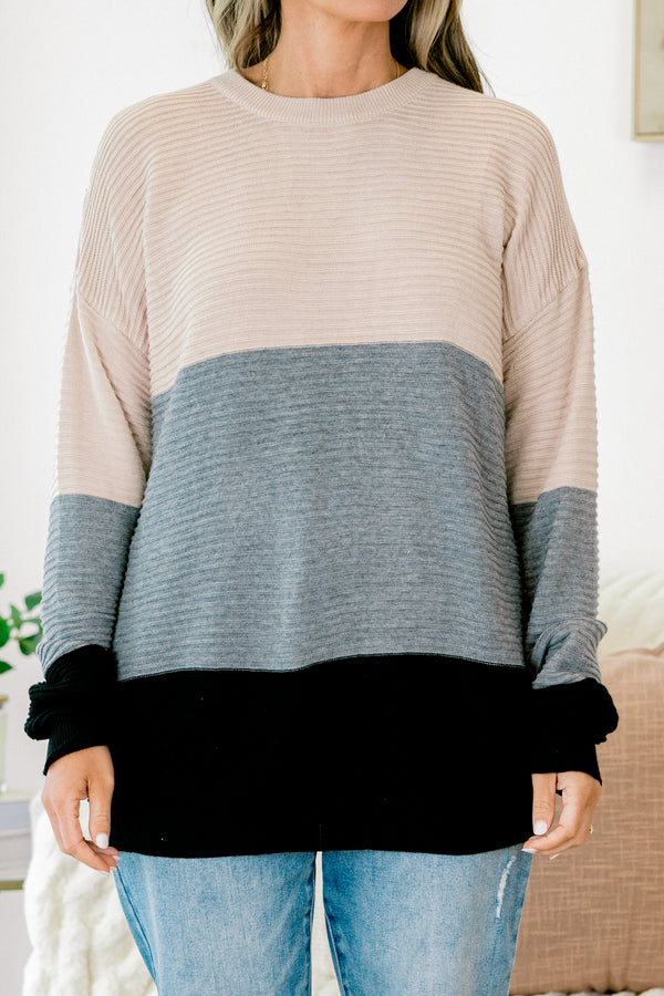 Chic Soul plus size clothing, tan to grey to black color blocked long sleeve crewneck sweater