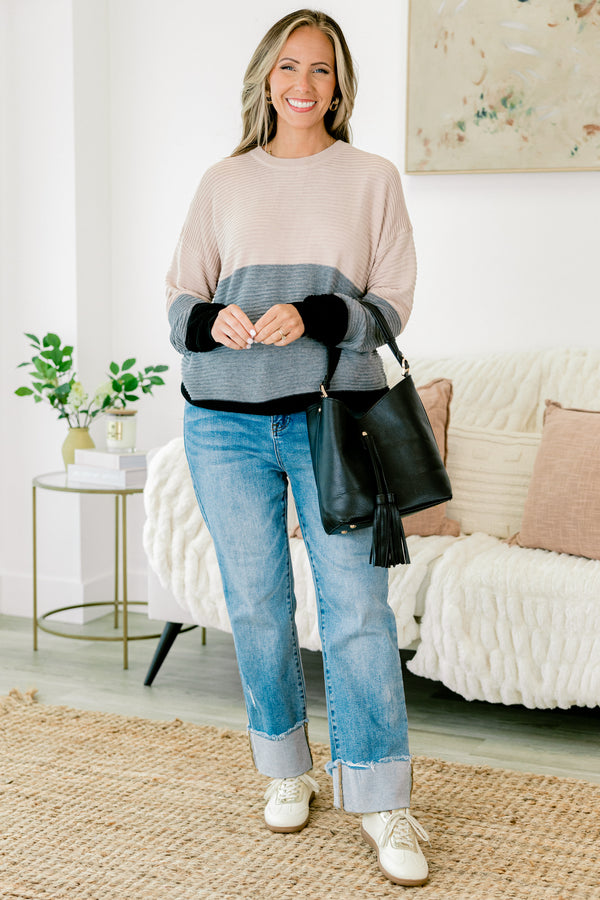 Chic Soul plus size clothing, tan to grey to black color blocked long sleeve crewneck sweater