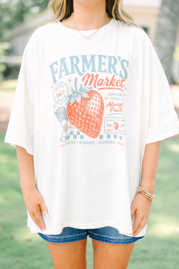 Plus size ivory oversized boyfriend tee with a vintage strawberry farmer's market graphic.