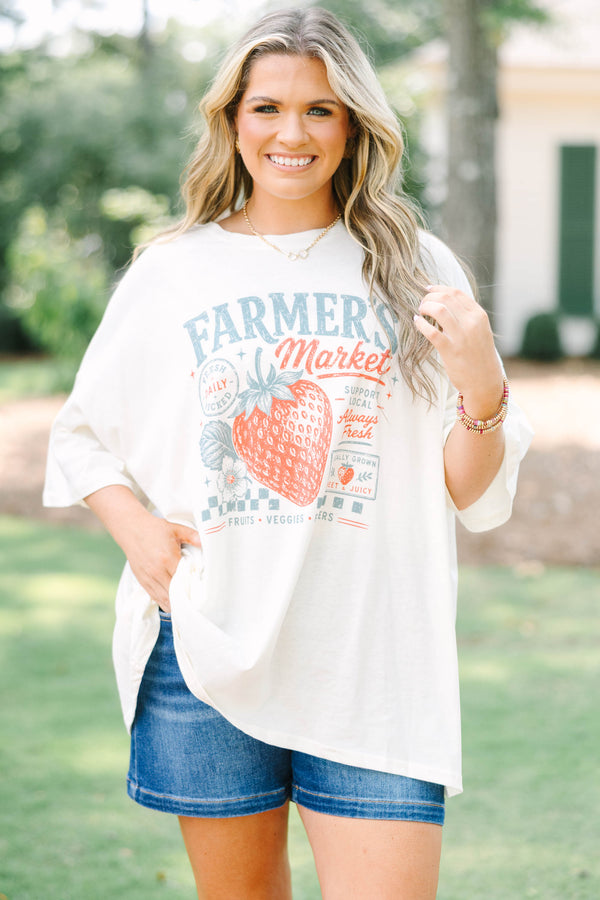 Plus size ivory oversized boyfriend tee with a vintage strawberry farmer's market graphic.
