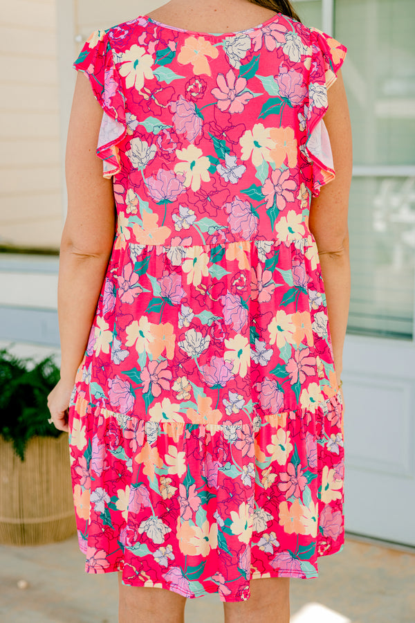 Chic Soul plus size clothing, hot pink short-flutter sleeve babydoll dress with light yellow and light pink floral design and slight v-neck