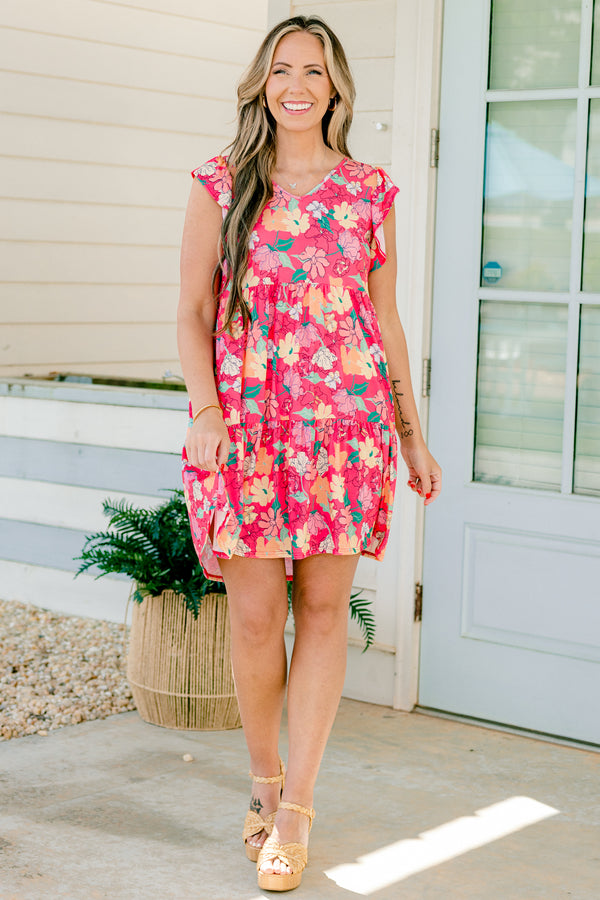 Chic Soul plus size clothing, hot pink short-flutter sleeve babydoll dress with light yellow and light pink floral design and slight v-neck