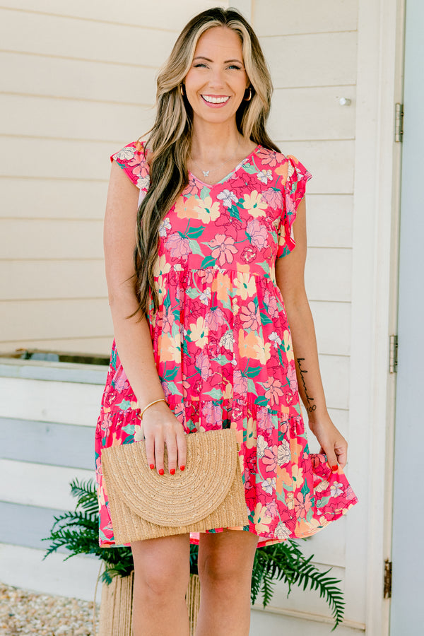 Chic Soul plus size clothing, hot pink short-flutter sleeve babydoll dress with light yellow and light pink floral design and slight v-neck