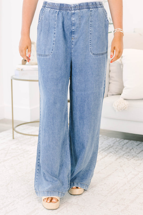 Plus Size wide-leg chambray pants with an elastic waistband and large front patch pockets.