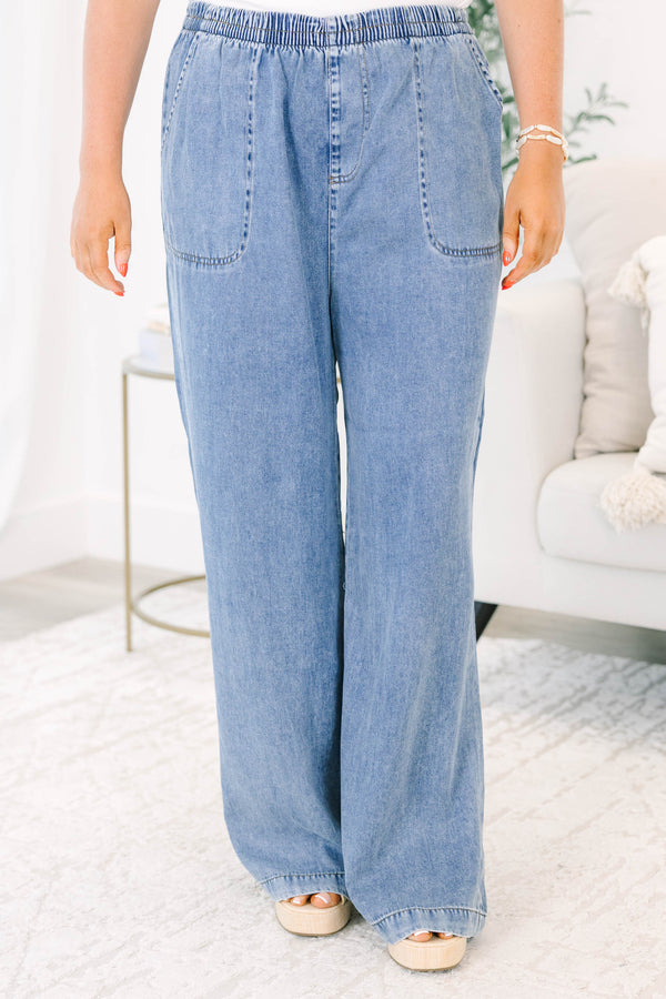 Plus Size wide-leg chambray pants with an elastic waistband and large front patch pockets.