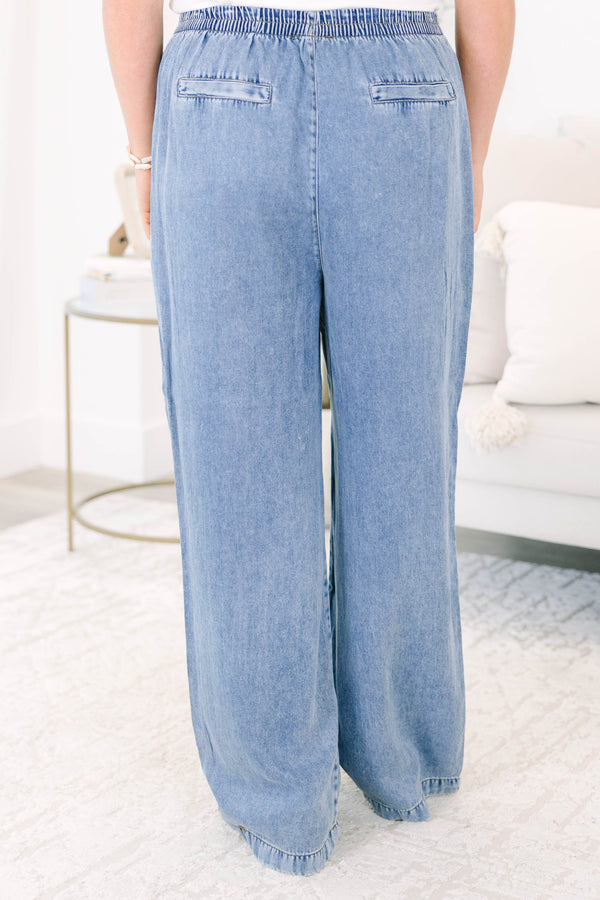 Plus Size wide-leg chambray pants with an elastic waistband and large front patch pockets.