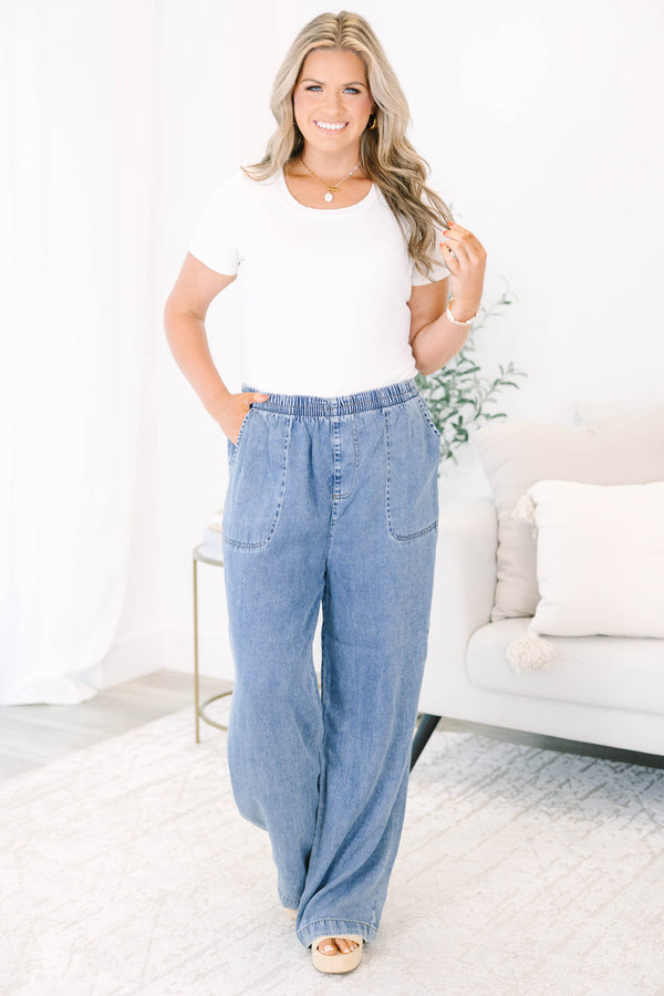 Plus Size wide-leg chambray pants with an elastic waistband and large front patch pockets.