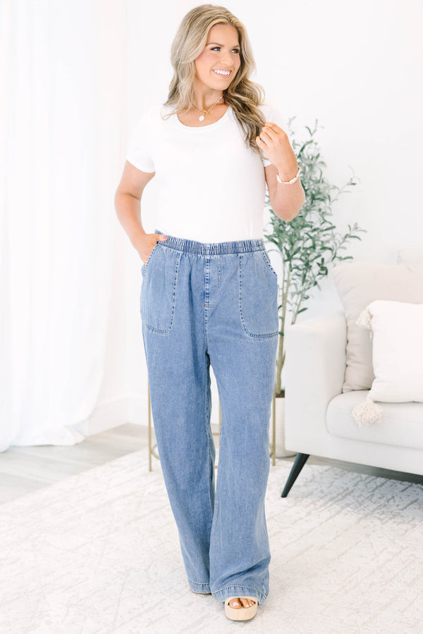 Plus Size wide-leg chambray pants with an elastic waistband and large front patch pockets.
