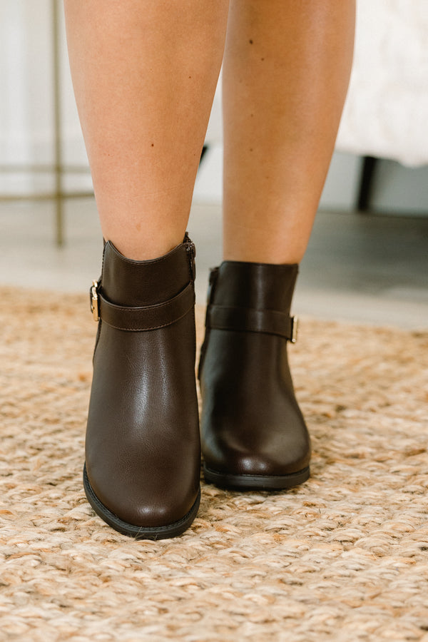 Chic Soul plus size clothing, brown leather ankle booties with strap on front with gold hardware with small block heel