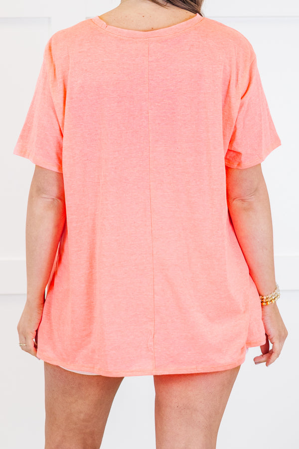Plus Size neon coral pink short sleeve crew neck tee in a relaxed cotton fit.