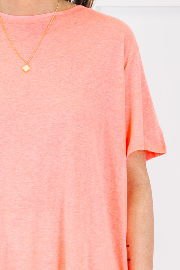 Plus Size neon coral pink short sleeve crew neck tee in a relaxed cotton fit.