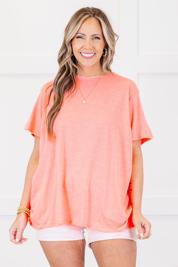 Plus Size neon coral pink short sleeve crew neck tee in a relaxed cotton fit.